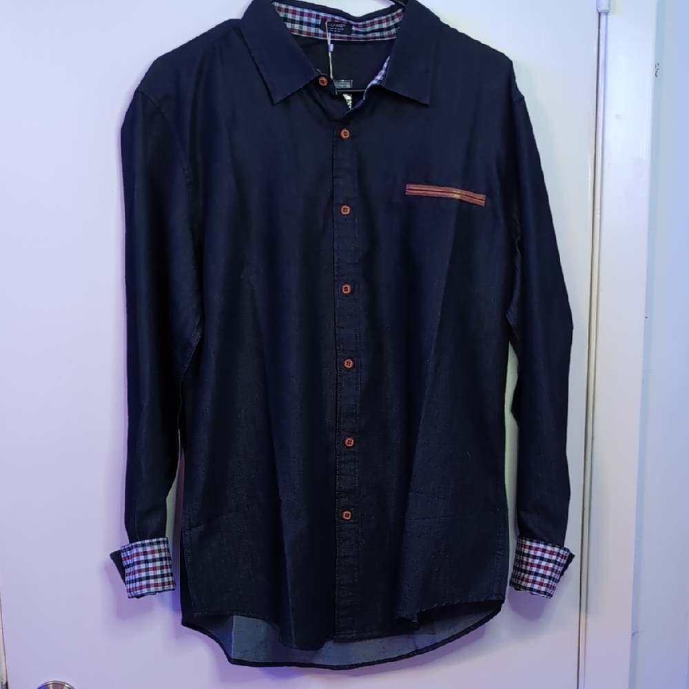 Navy Blue Casual Button Down Shirt with Contrasting Cuffs